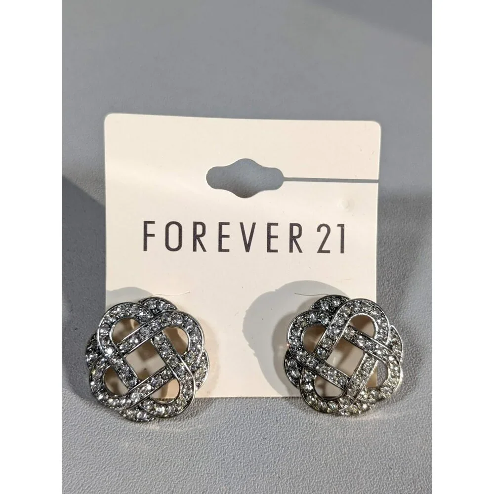Forever 21 Silver Tone Round Knot Crystal Cut Out‎ Stud Pierced Earrings